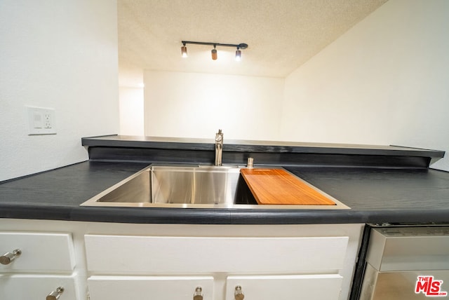 details with track lighting, white cabinetry, stainless steel dishwasher, and sink