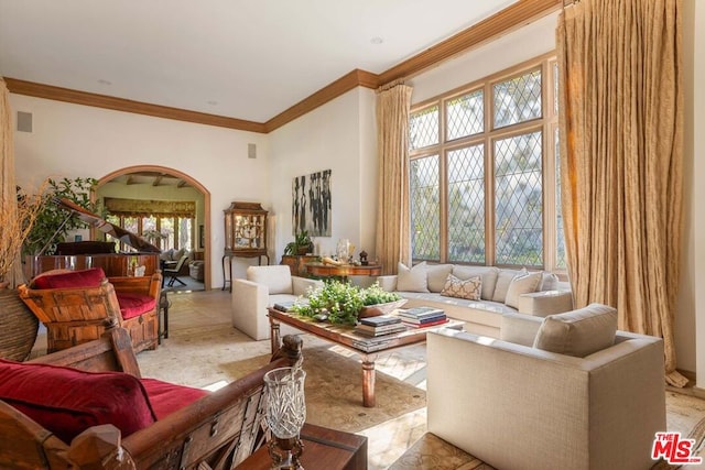 living room featuring plenty of natural light and ornamental molding