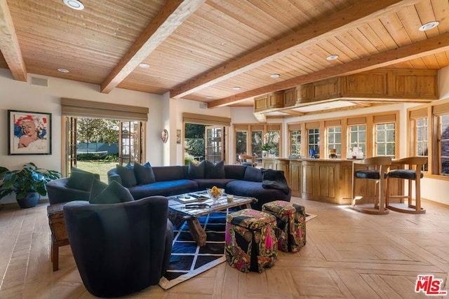 living room featuring light parquet flooring, wood ceiling, and beam ceiling