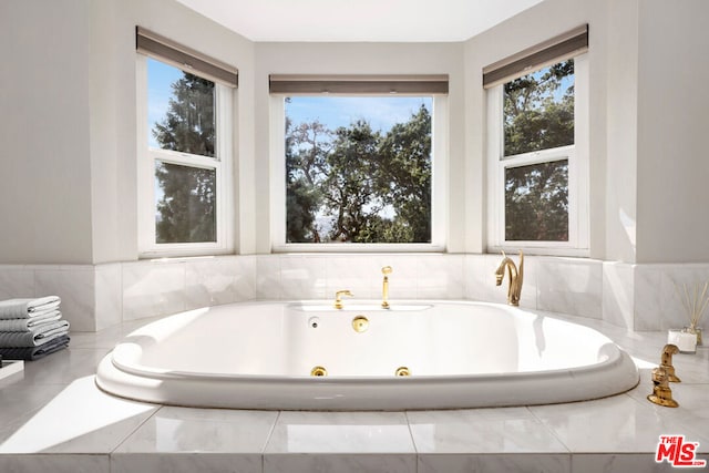 bathroom featuring a wealth of natural light and a relaxing tiled tub