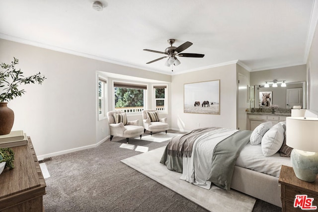 carpeted bedroom featuring ceiling fan and ornamental molding