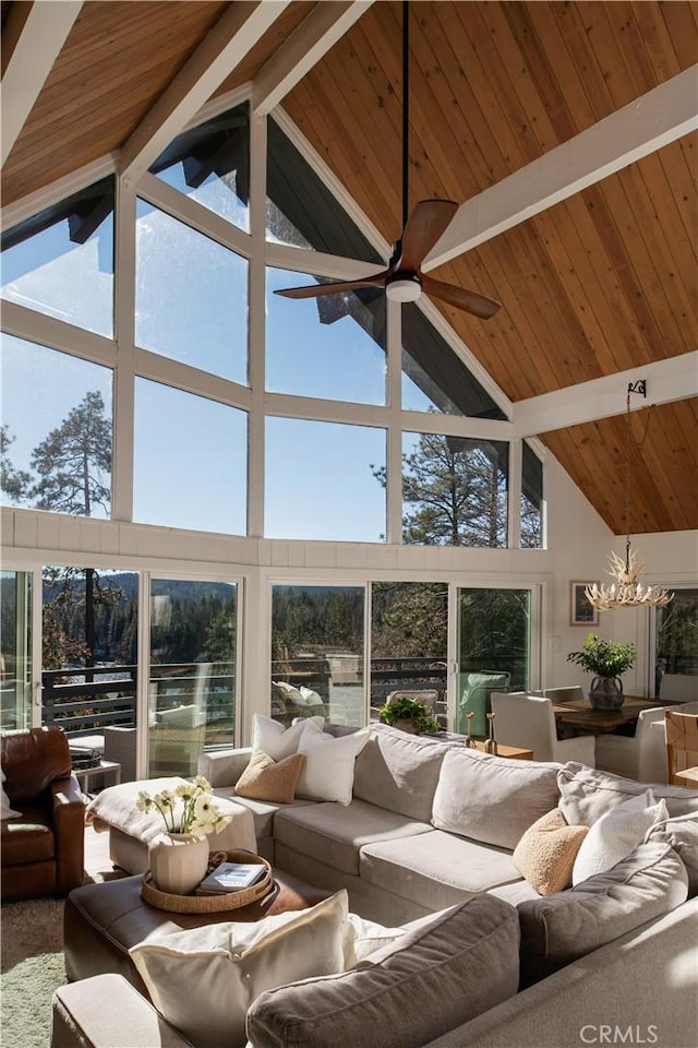 living room featuring beamed ceiling, ceiling fan, wood ceiling, and high vaulted ceiling