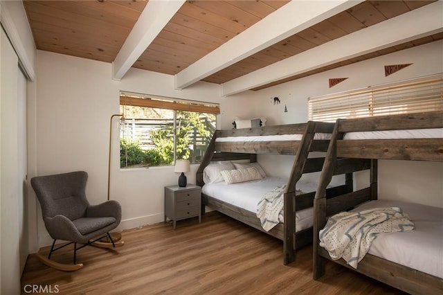 bedroom with wood-type flooring, wood ceiling, and beam ceiling