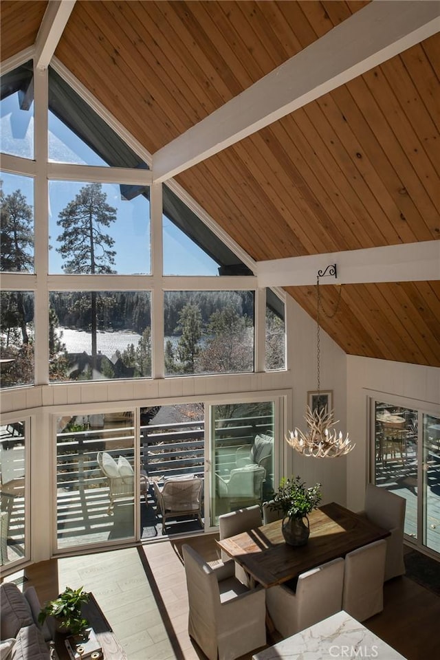 dining space featuring hardwood / wood-style floors, wooden ceiling, high vaulted ceiling, an inviting chandelier, and beam ceiling