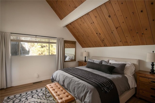 bedroom featuring wooden ceiling, wood-type flooring, and vaulted ceiling