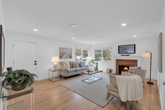 living room featuring a fireplace and light hardwood / wood-style flooring