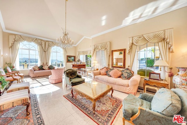 living room with tile patterned floors, lofted ceiling, crown molding, and a notable chandelier