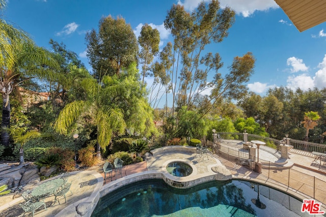 view of pool featuring an in ground hot tub and a patio