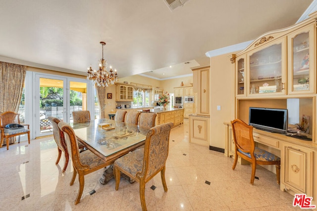 dining space with plenty of natural light, a chandelier, and ornamental molding