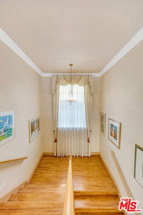 interior space with a notable chandelier, wood-type flooring, and ornamental molding