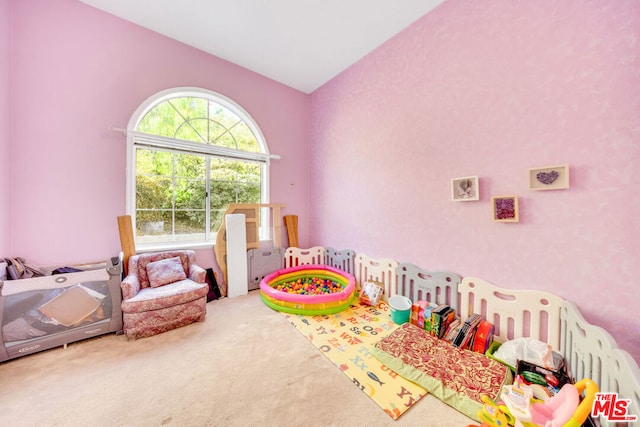 bedroom with carpet floors and vaulted ceiling