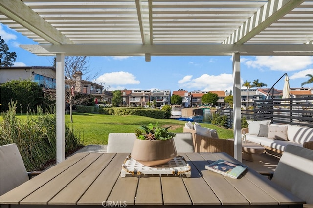 view of patio with an outdoor hangout area and a pergola