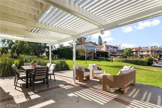 view of patio featuring outdoor lounge area and a pergola