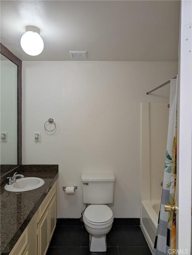 full bathroom with tile patterned flooring, vanity, toilet, and shower / bathtub combination with curtain