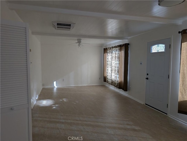 entryway with beamed ceiling and ceiling fan