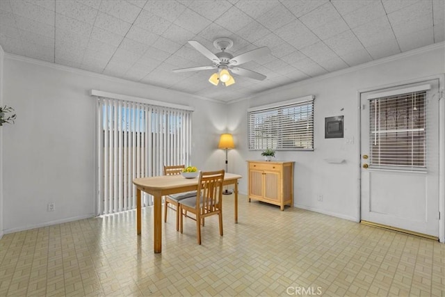 dining area with crown molding, ceiling fan, plenty of natural light, and baseboards