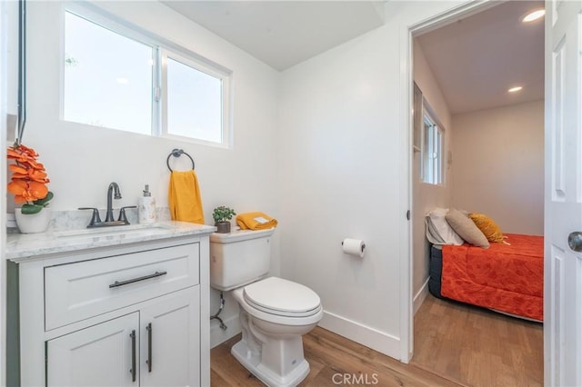 bathroom featuring toilet, hardwood / wood-style floors, and vanity