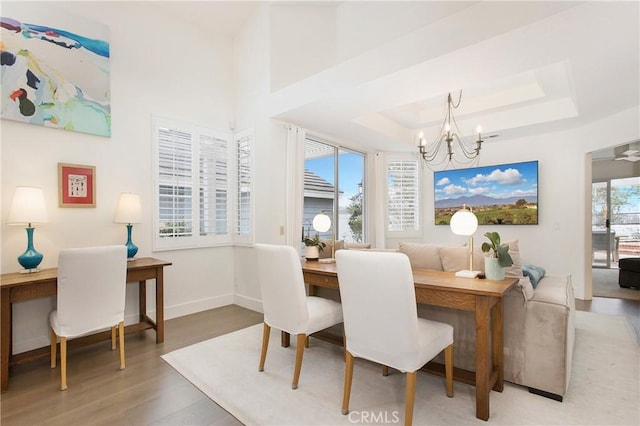 dining area with hardwood / wood-style floors, a chandelier, and a tray ceiling