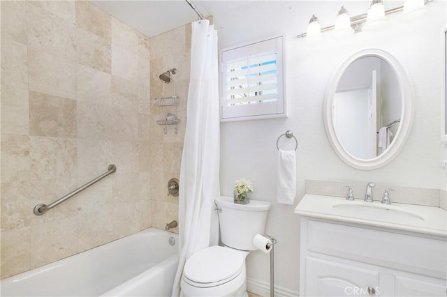 full bathroom featuring vanity, shower / bath combination with curtain, and toilet