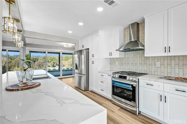 kitchen with appliances with stainless steel finishes, wall chimney exhaust hood, decorative light fixtures, white cabinetry, and backsplash