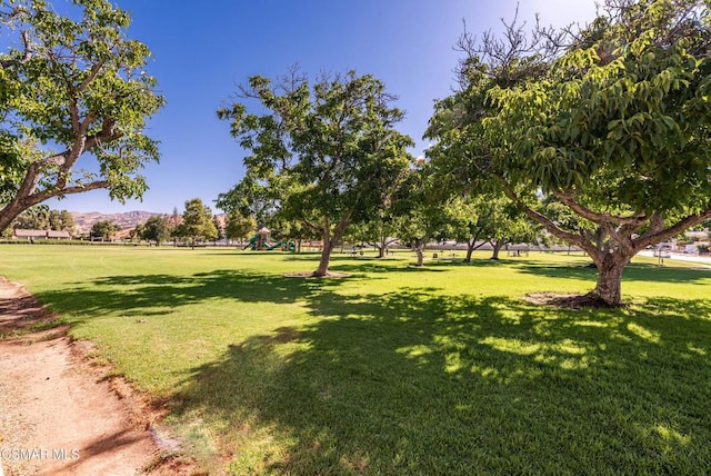 view of home's community with a mountain view and a lawn