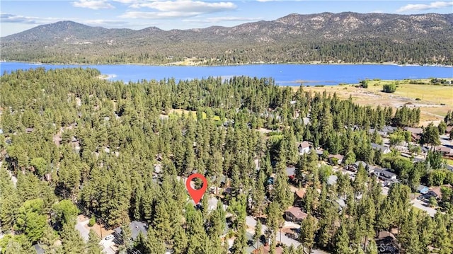 birds eye view of property featuring a water and mountain view