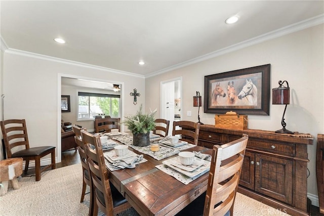 dining area featuring light hardwood / wood-style flooring, ceiling fan, and ornamental molding