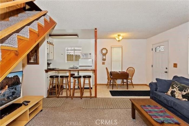 living room featuring carpet floors and a textured ceiling