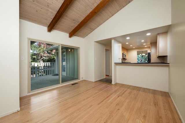 unfurnished living room with beamed ceiling, high vaulted ceiling, wood ceiling, and light hardwood / wood-style floors