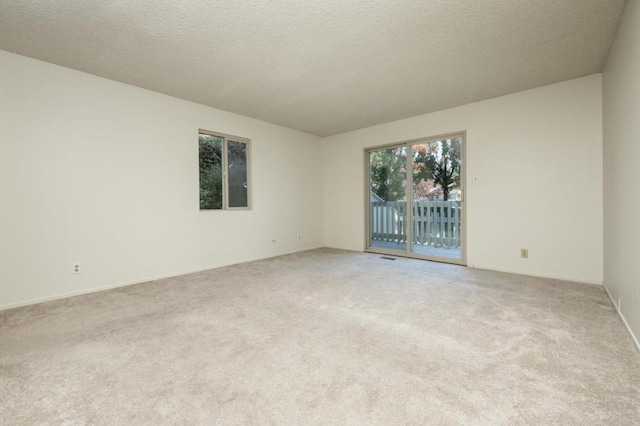 empty room with light carpet and a textured ceiling