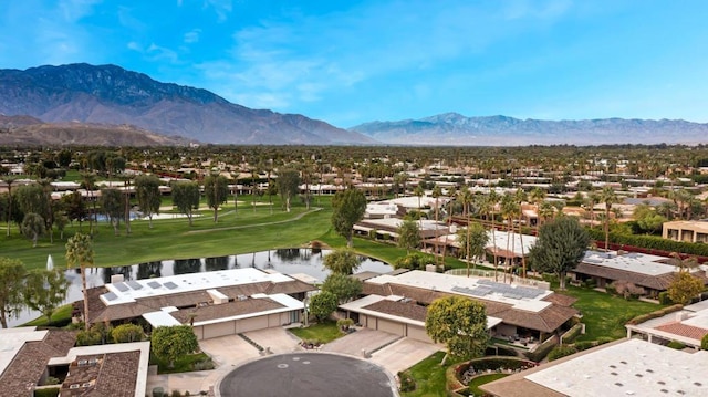 bird's eye view with a residential view, a water and mountain view, and golf course view