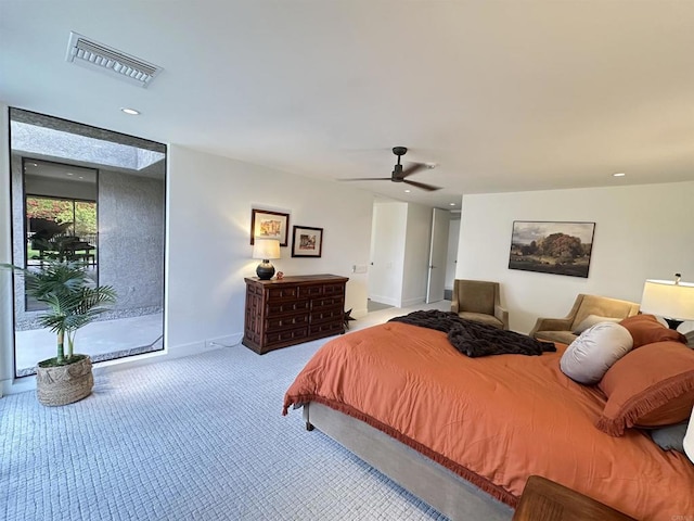 bedroom featuring carpet, baseboards, visible vents, recessed lighting, and ceiling fan