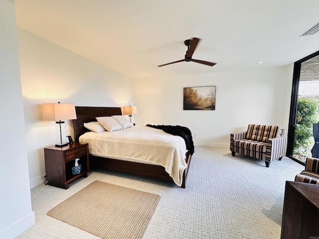 bedroom with visible vents, ceiling fan, baseboards, light carpet, and recessed lighting