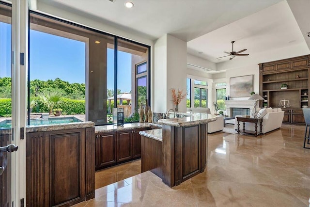 kitchen with ceiling fan, a healthy amount of sunlight, dark brown cabinetry, and a kitchen island