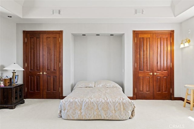 carpeted bedroom featuring a tray ceiling and a closet