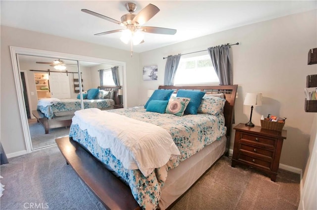 bedroom with carpet flooring, a closet, and ceiling fan