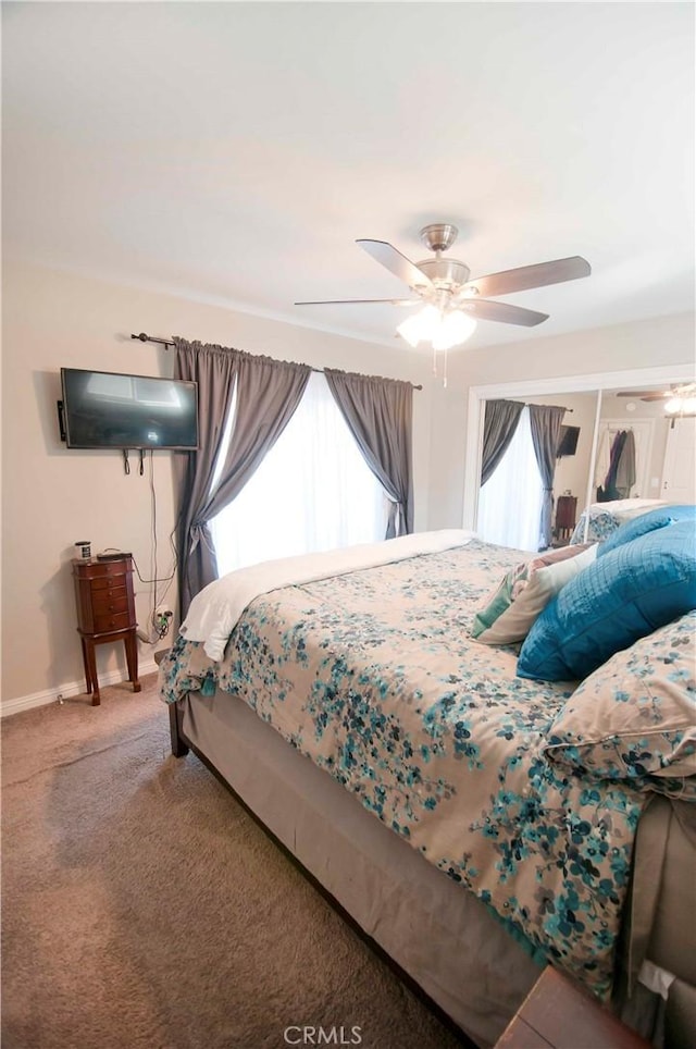 bedroom with carpet flooring, ceiling fan, and multiple windows