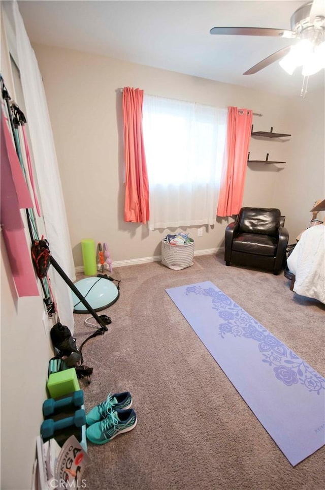 exercise area featuring carpet and ceiling fan