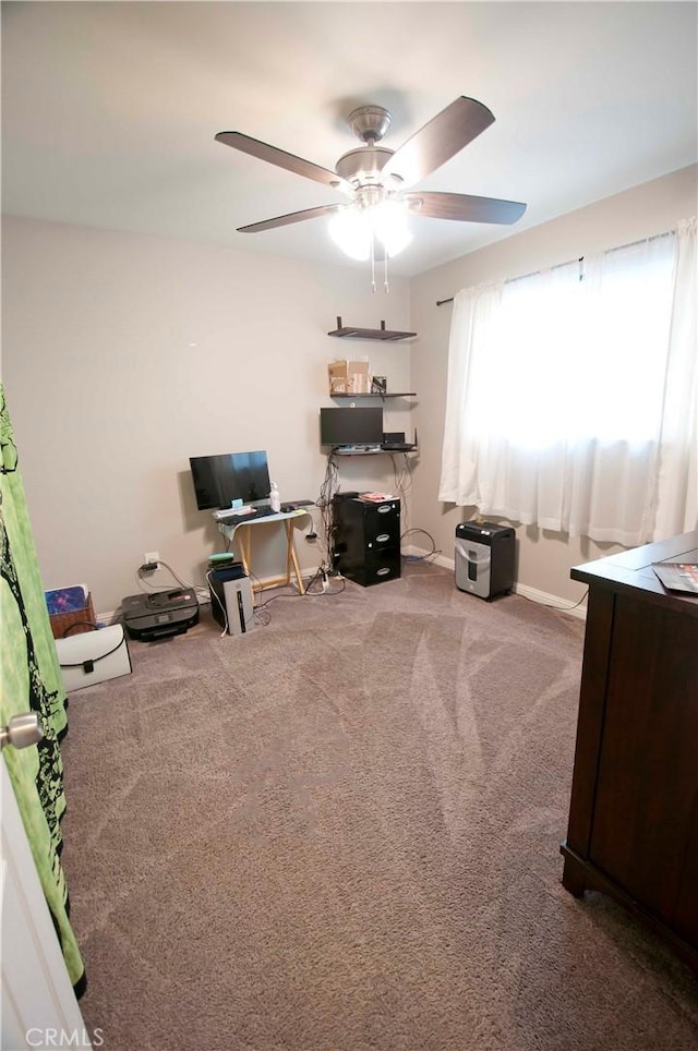 carpeted office space featuring ceiling fan