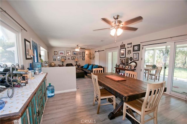 dining room featuring ceiling fan and light hardwood / wood-style floors