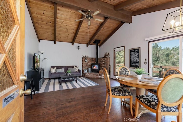 dining space with a wood stove, wooden ceiling, beamed ceiling, wood-type flooring, and ceiling fan with notable chandelier