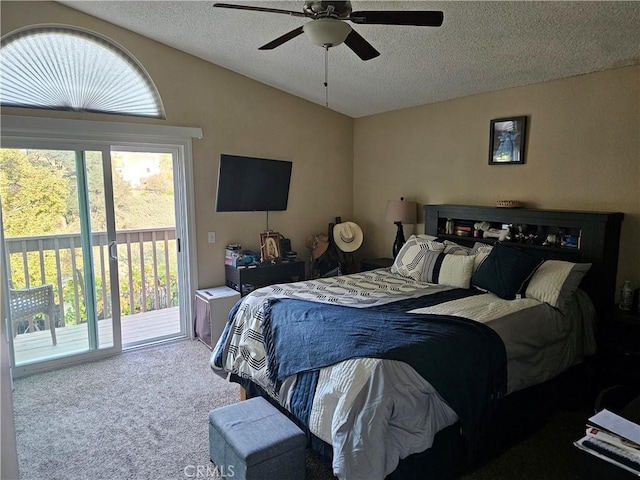 bedroom with a textured ceiling, lofted ceiling, access to outside, carpet flooring, and ceiling fan