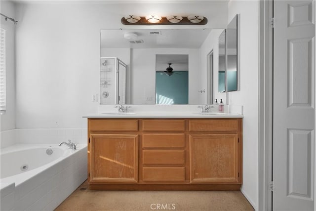 bathroom with independent shower and bath, vanity, and ceiling fan