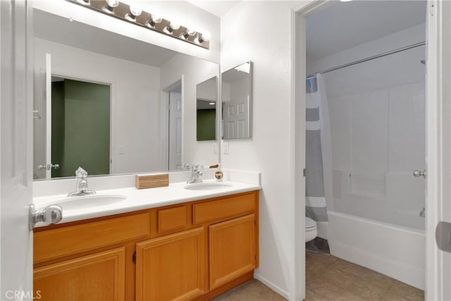 full bathroom with toilet, vanity, and shower / bath combination with curtain