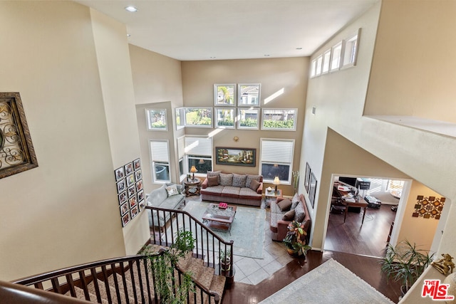 living room featuring hardwood / wood-style flooring and a high ceiling