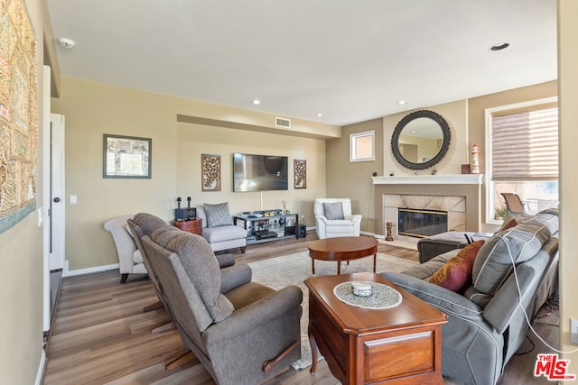 living room featuring wood-type flooring and a fireplace