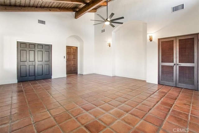 interior space with beam ceiling, ceiling fan, high vaulted ceiling, and wooden ceiling