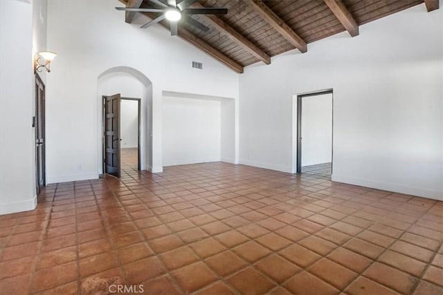 spare room featuring wood ceiling, ceiling fan, beam ceiling, high vaulted ceiling, and tile patterned flooring