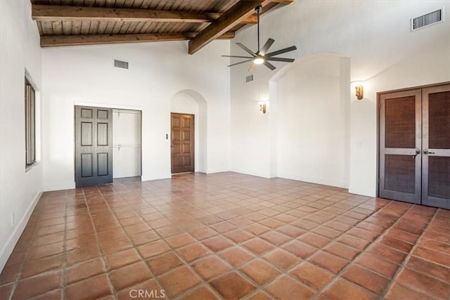 interior space featuring ceiling fan, beamed ceiling, high vaulted ceiling, and wooden ceiling