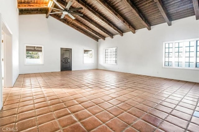 unfurnished living room featuring wooden ceiling, high vaulted ceiling, tile patterned flooring, ceiling fan, and beamed ceiling